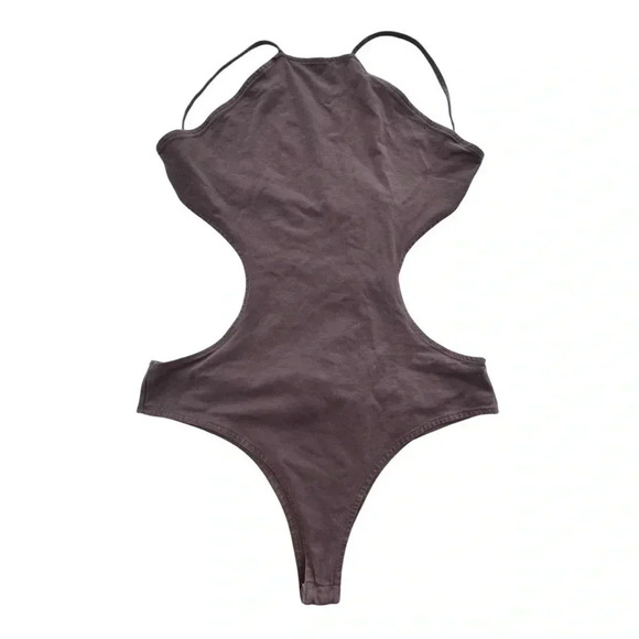 Mocha Brown Bodysuit Backless Side Cut Out TOBI Medium Strappy Low Back Halter - Picture 1 of 14